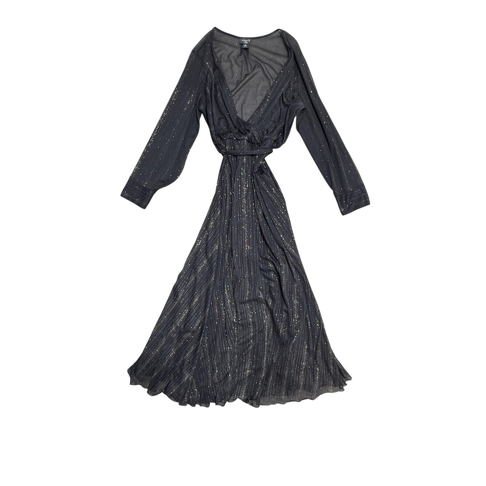 Alexa B Nites Dress Womens 12 Black Glitter Wrap Maxi Long Sleeve Chiffon V Neck